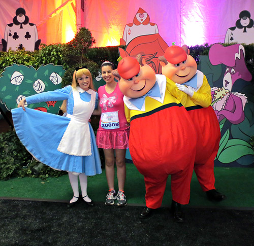 Meeting Alice and Tweedle Dee and Tweedle Dum at rundisney princess half marathon at Disney World