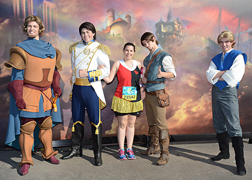 Meeting Phoebus, Prince Eric, Flynn Rider, and John Smith at rundisney princess half marathon at Disney World