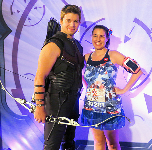 Meeting Hawkeye at rundisney Avengers 5k at Disneyland