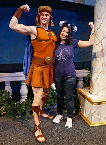 Meeting Hercules at Disney World at rundisney Princess half marathon pasta in the park party
