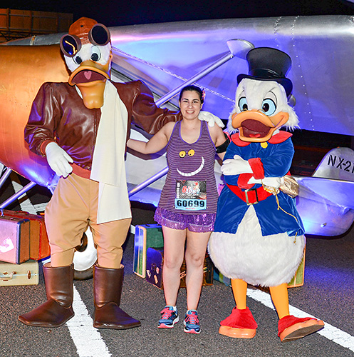 Meeting Launchpad McQuack and Scrooge McDuck at rundisney Walt Disney World 10k at Disney World