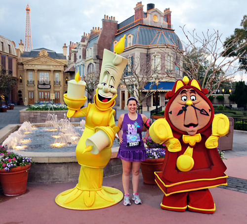 Meeting Lumiere and Cogsworth at rundisney princess half marathon 10k at Disney World