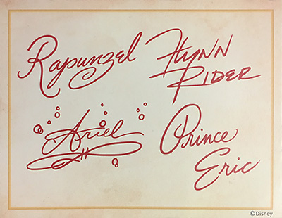 Rapunzel, Flynn Rider, Ariel, and Prince Eric Autograph Card at Bon Voyage Breakfast at Disney World